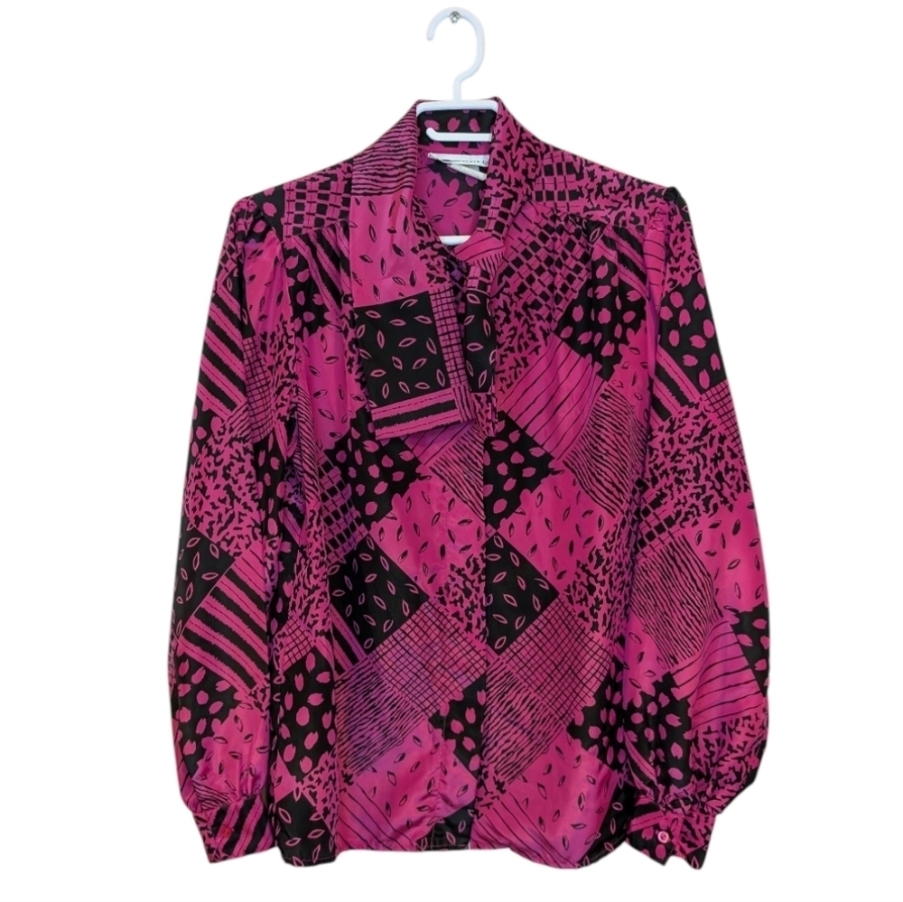 Vintage Hot Pink & Black Abstract Print Silky Button Down Blouse Size 10
